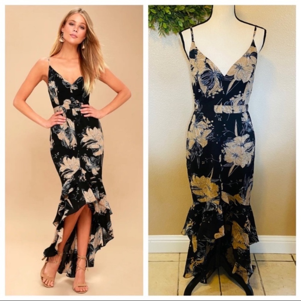 Lulus Darling Daylily Black Floral Print High-Low Maxi Dress